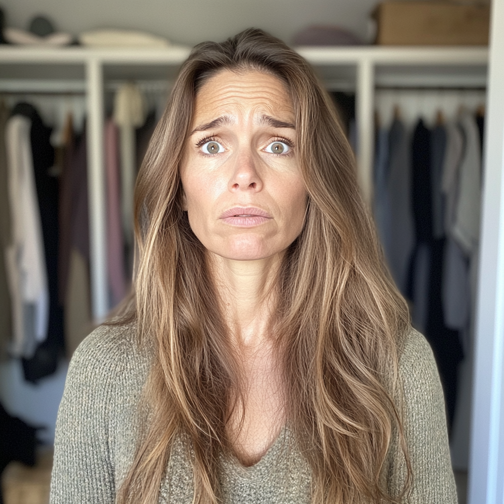 A frowning woman standing in front of an open closet | Source: Midjourney