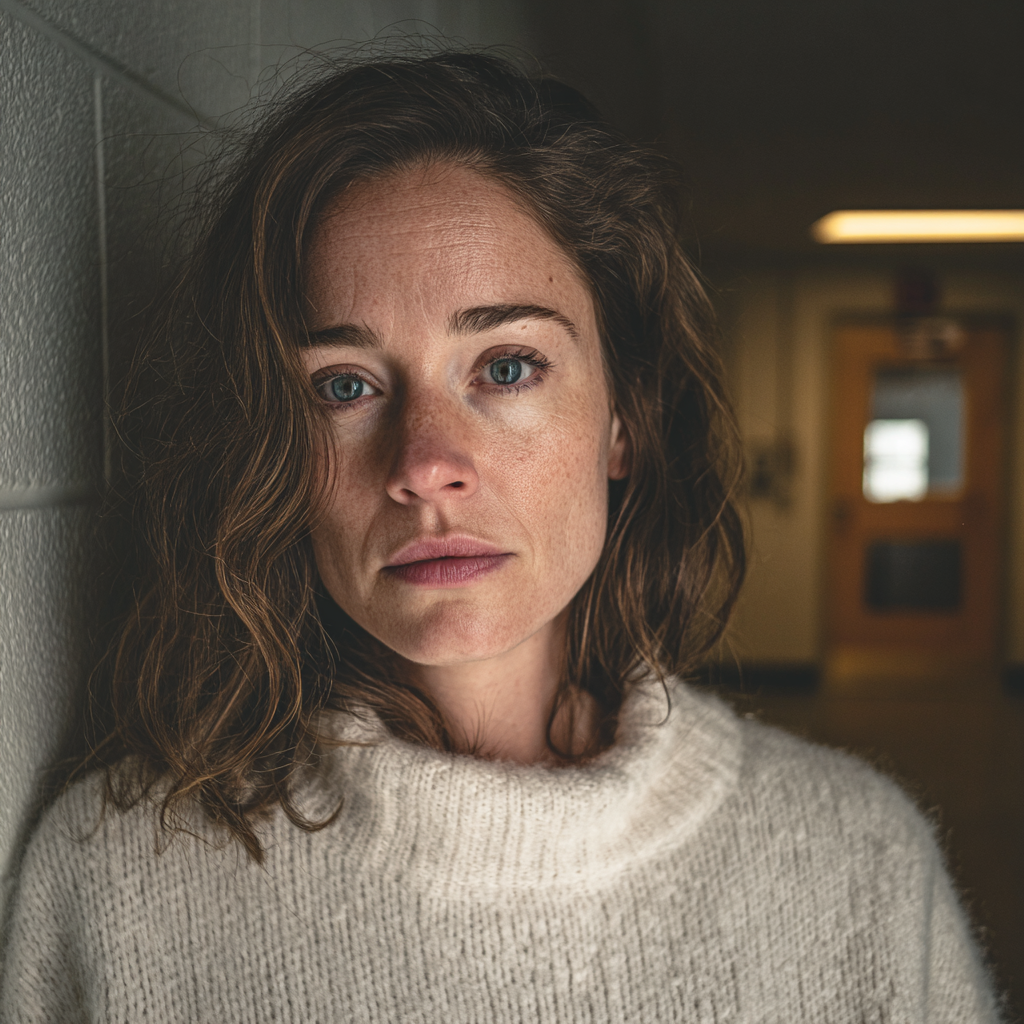 Emocjonalna kobieta stojąca na posterunku policji | Źródło: Midjourney