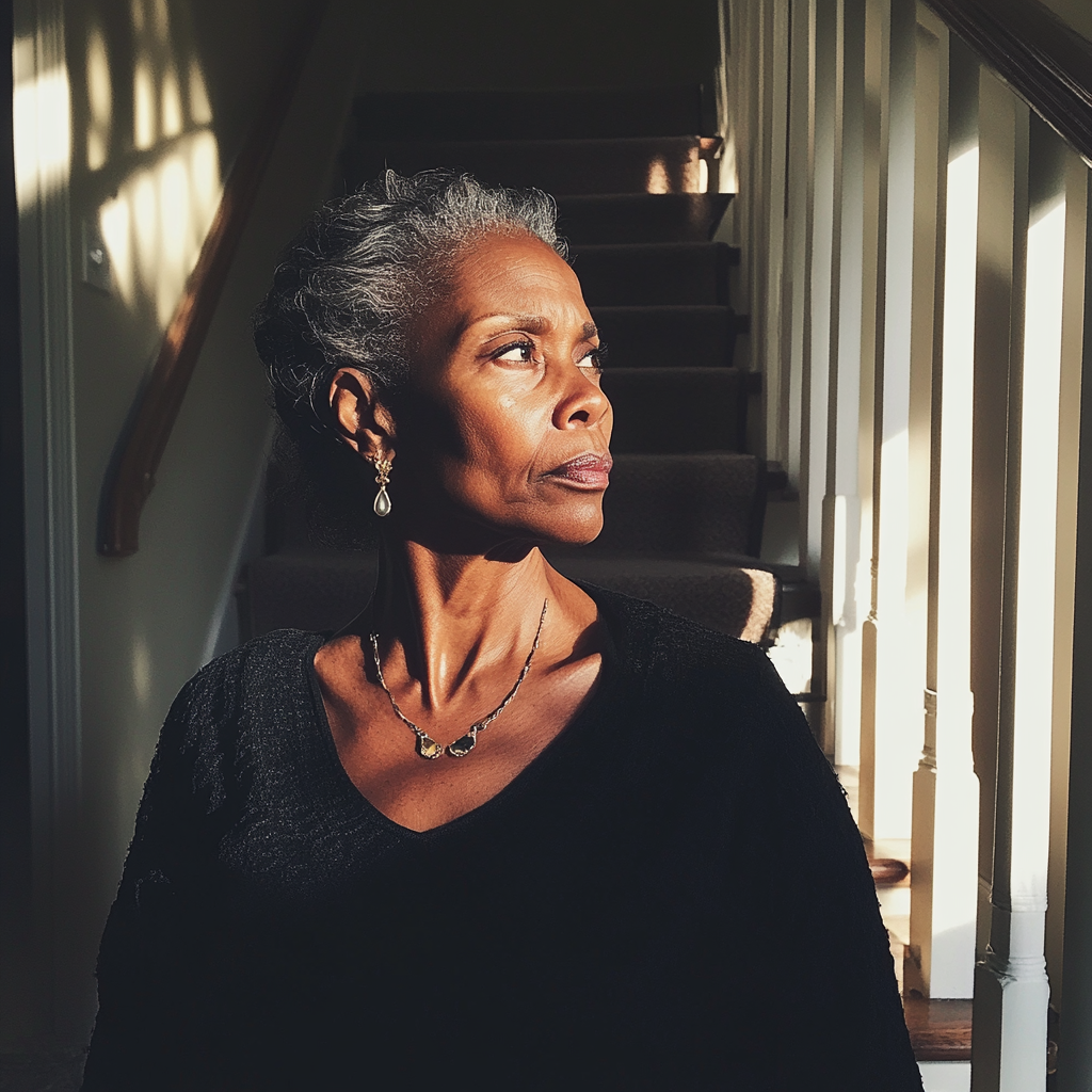 A woman standing at the bottom of the stairs | Source: Midjourney