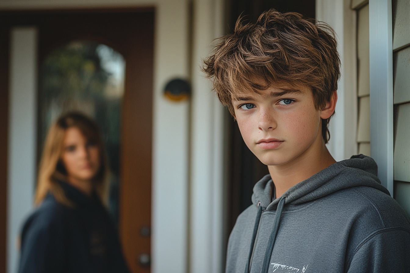 A boy standing at the front door as his mother opens | Source: Midjourney