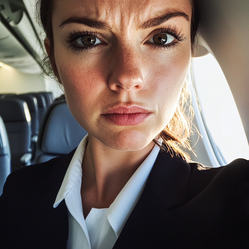 An annoyed flight attendant | Source: Midjourney