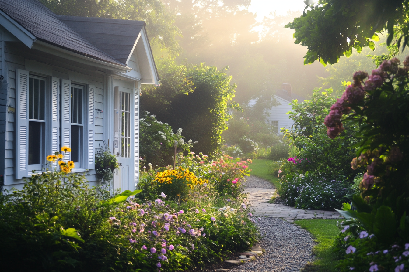 Una casa modesta rodeada de un jardín lleno de flores | Fuente: Midjourney