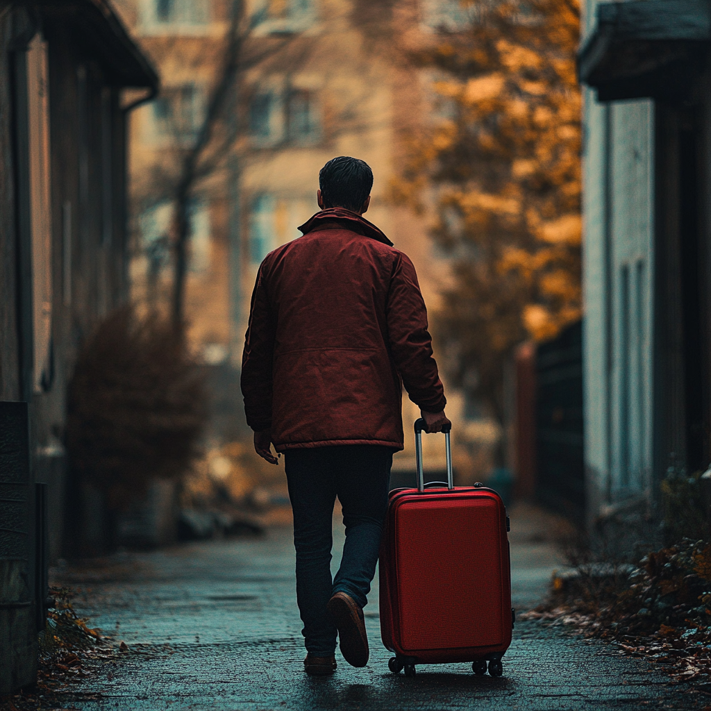 A man pushing his suitcase as he leaves his house | Source: Midjourney