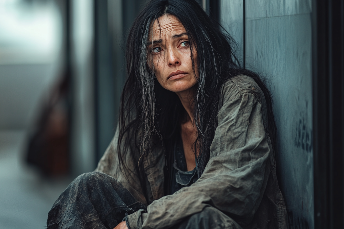 A homeless woman sitting next to a building | Source: Midjourney