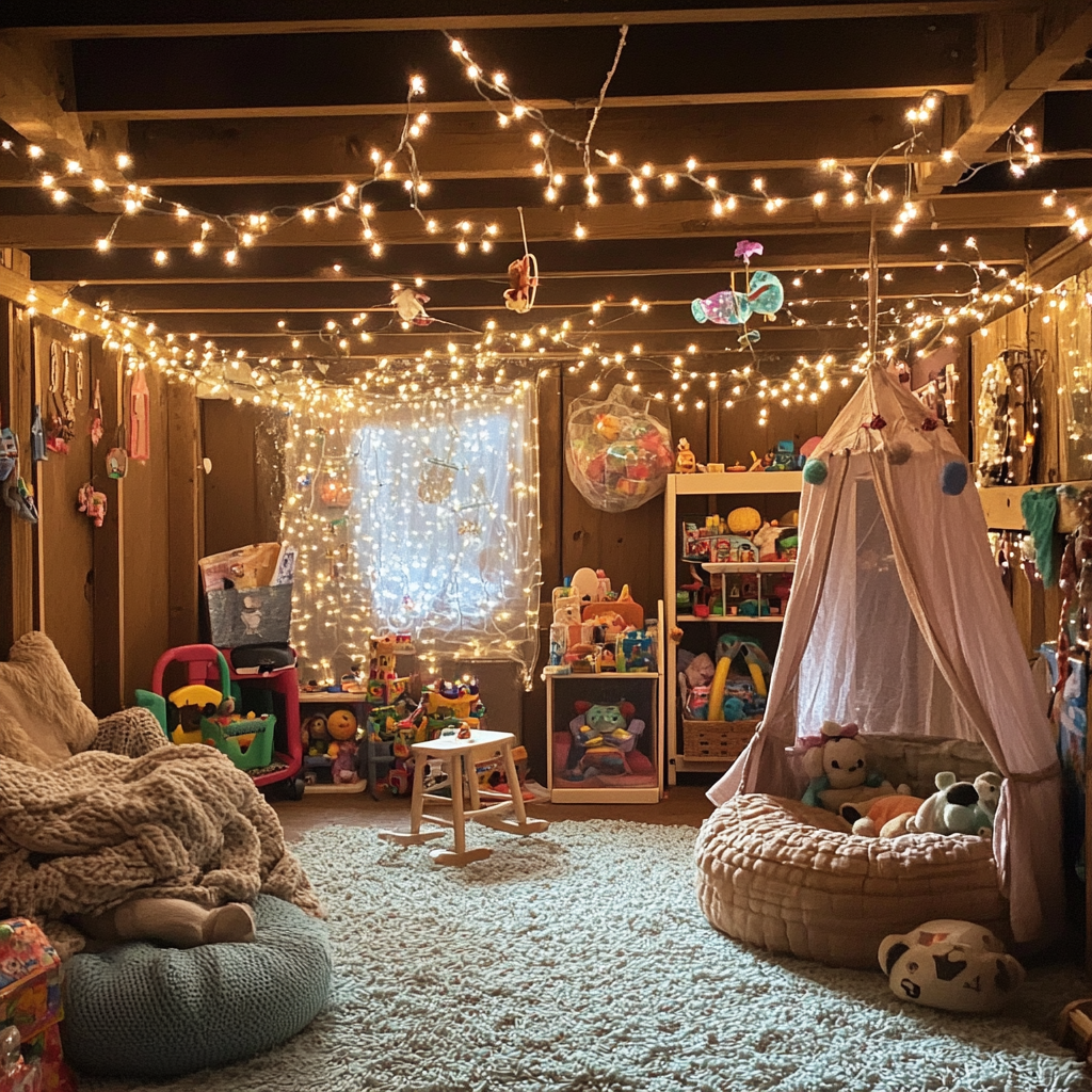 Beautiful basement filled with children stuff | Source: Midjourney