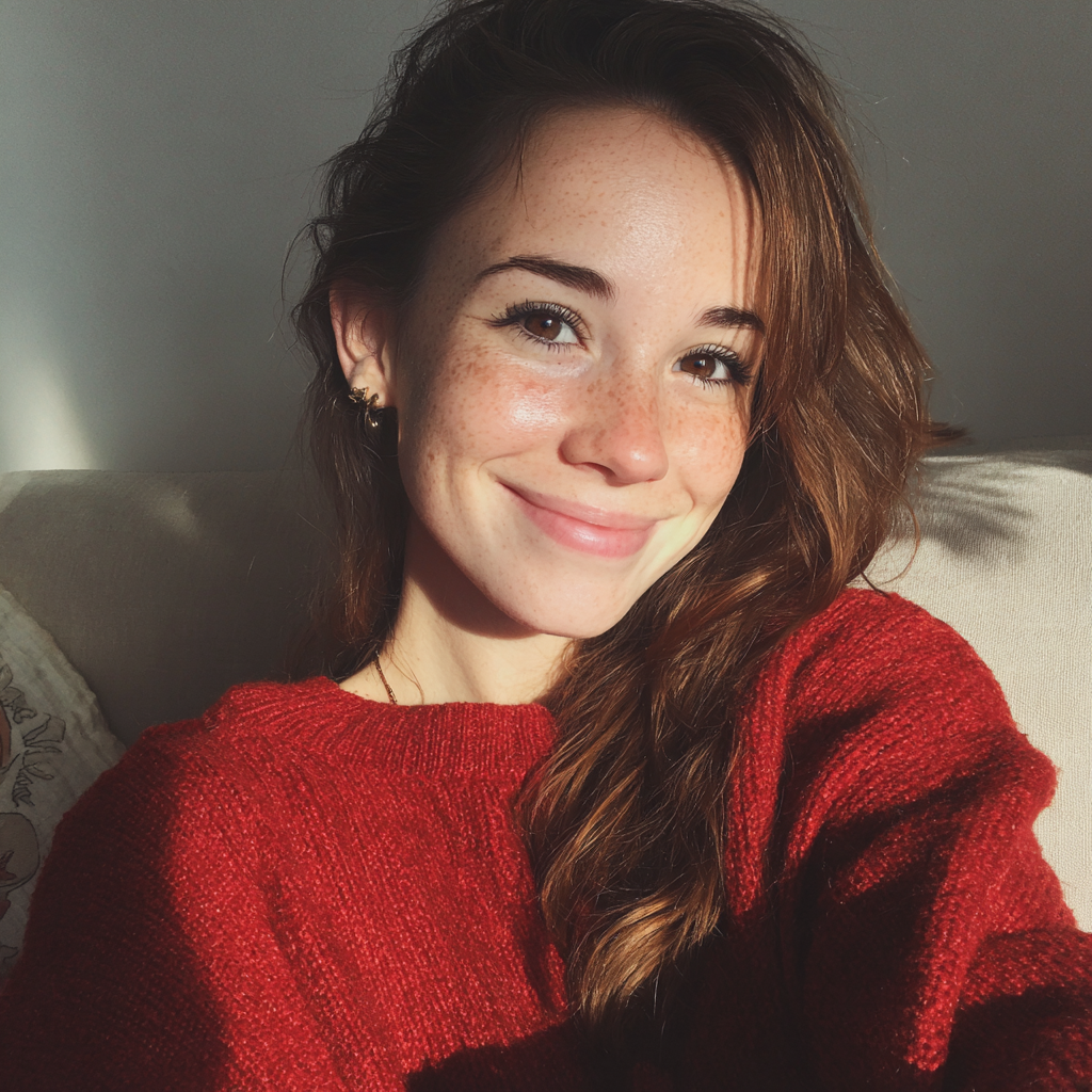 A smiling woman sitting on a couch | Source: Midjourney