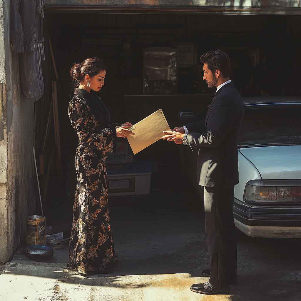 Wealthy woman handing an envelope to a man | Source: Midjourney