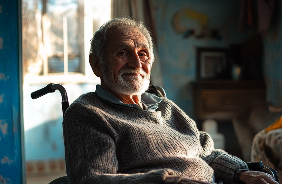 An elderly man in a wheelchair smiling | Source: Midjourney