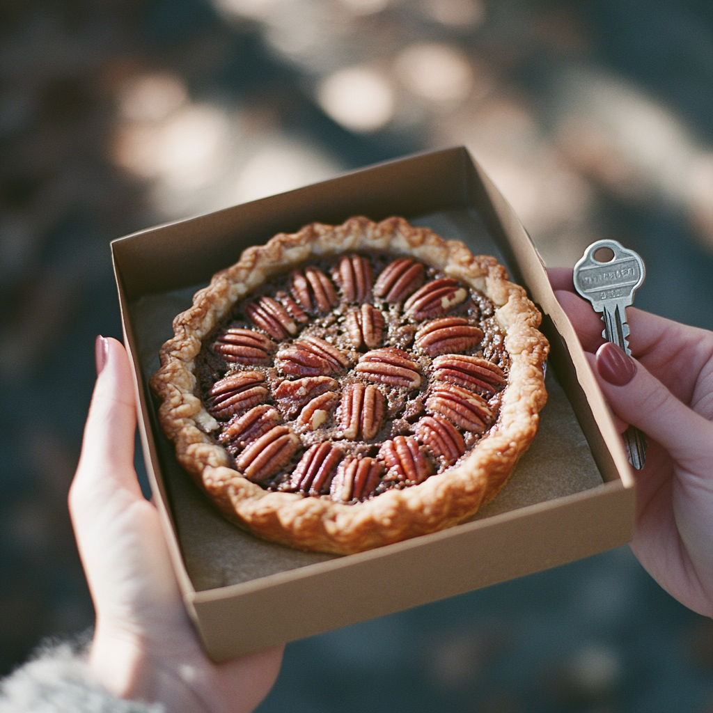 My Stepfather Told My Mom She Didn't Need Pretty Clothes Anymore – It Was His Biggest Mistake 7 A woman holding a pie and a key | Source: Midjourney
