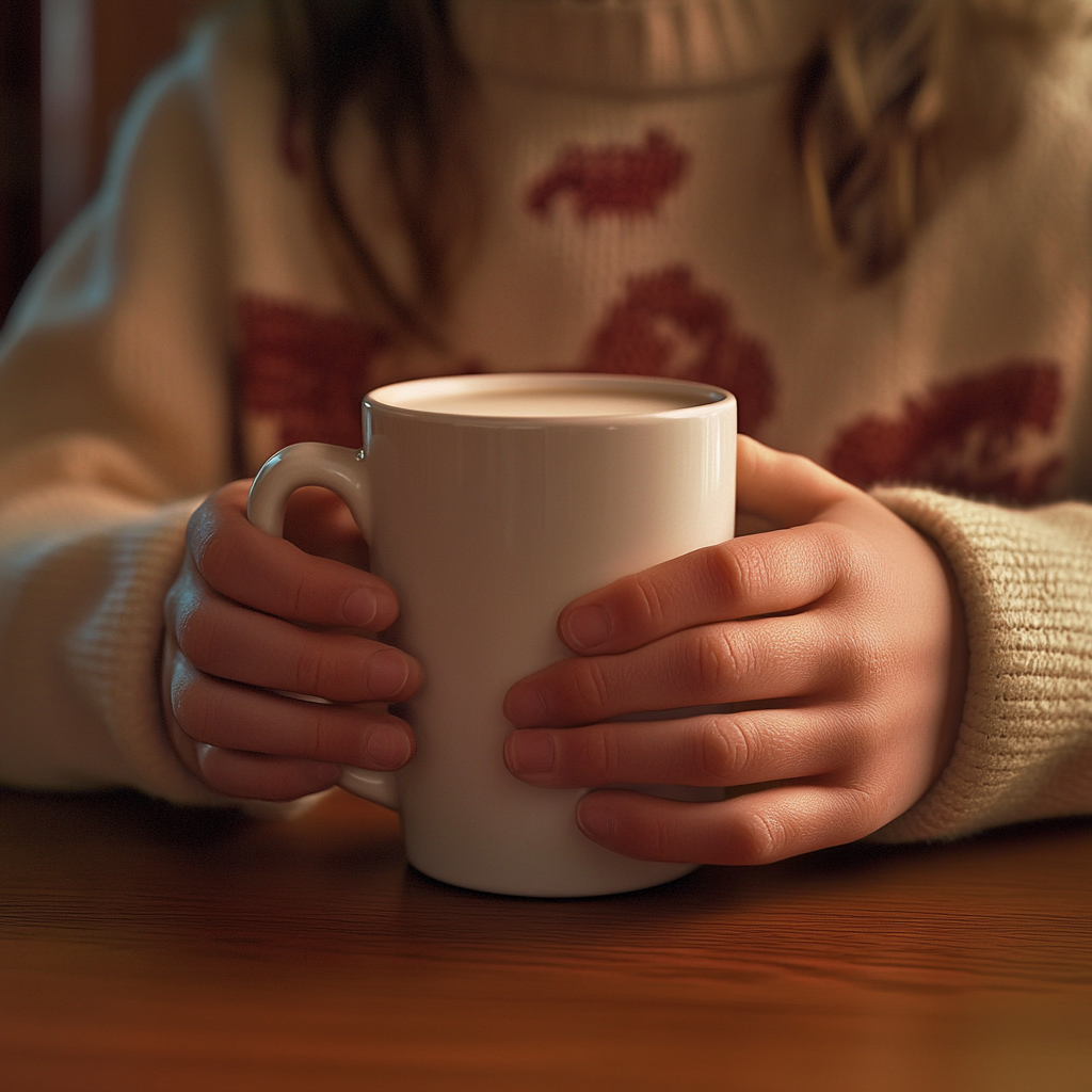 Uma criança segurando uma caneca de leite | Fonte: Midjourney