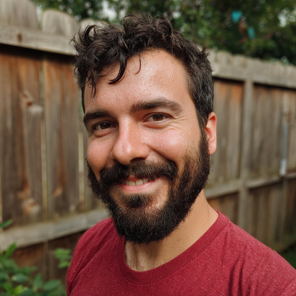 A smiling man standing in a backyard | Source: Midjourney