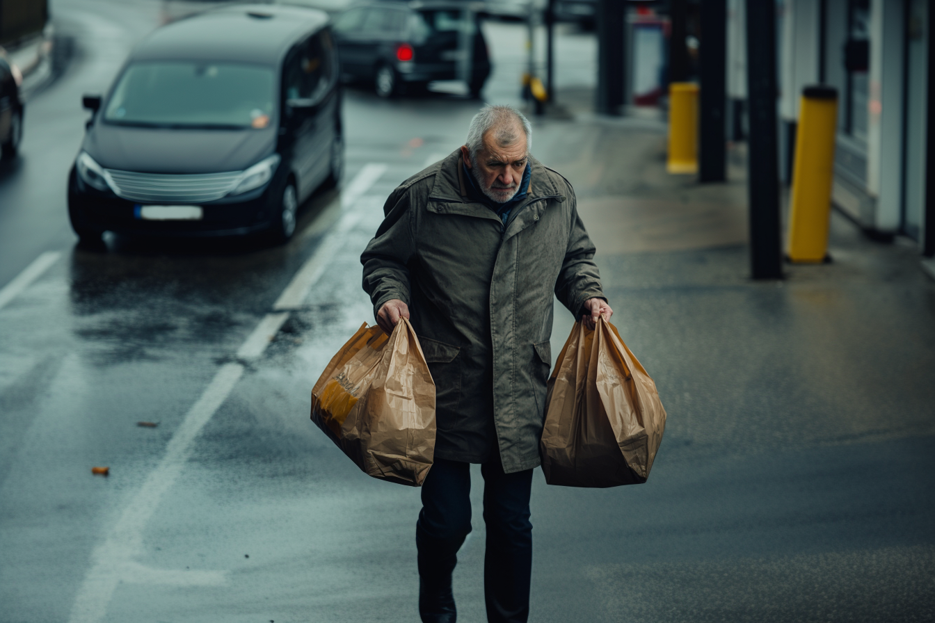 A thoughtful man carrying groceries in bags | Source: Midjourney