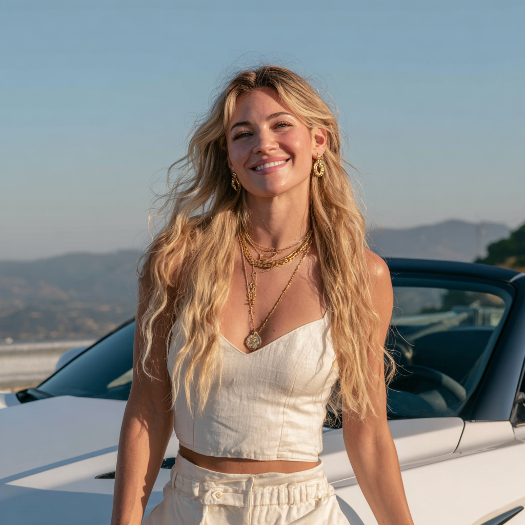 A smiling woman leaning against a car | Source: Midjourney