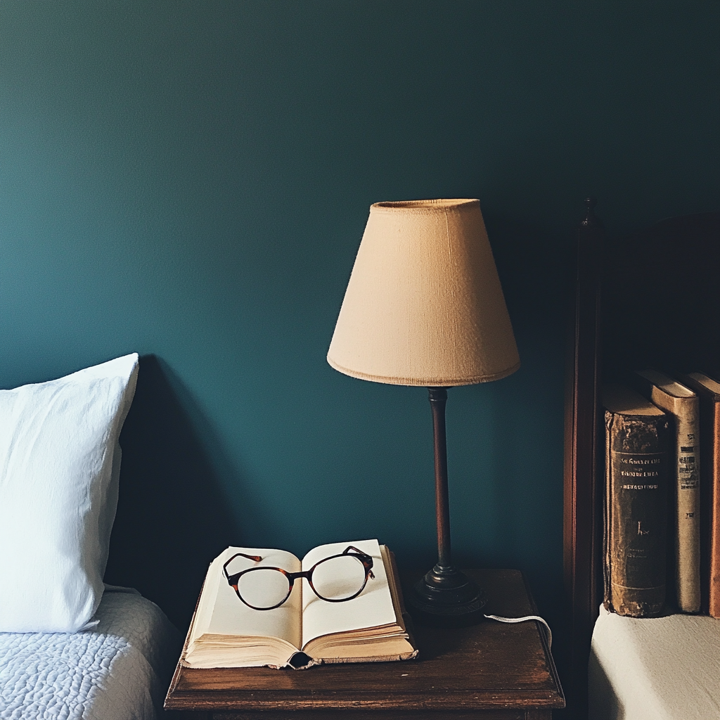 A pair of reading glasses on a nightstand | Source: Midjourney