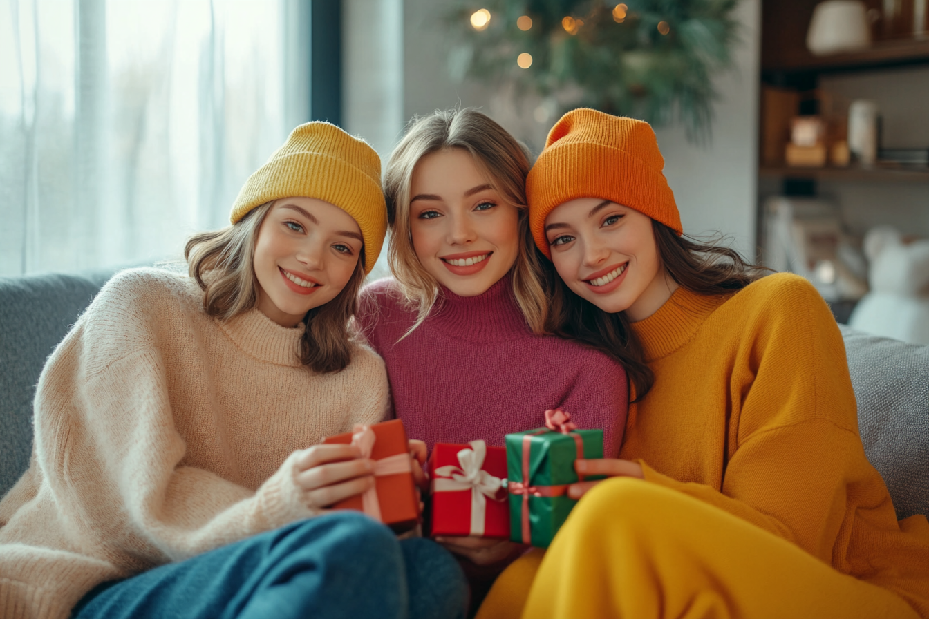 Three sisters with presents in their hands | Source: Midjourney