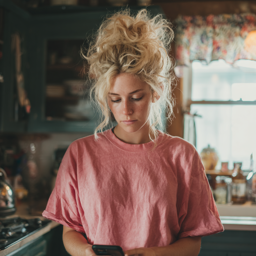 A woman standing in a kitchen and using her phone | Source: Midjourney