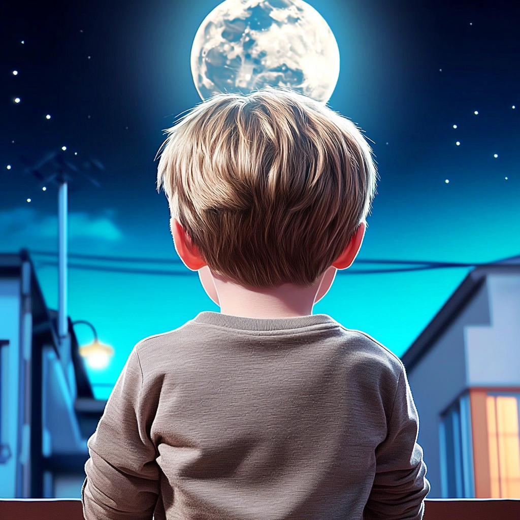 A little boy looking at the moon | Source: Midjourney