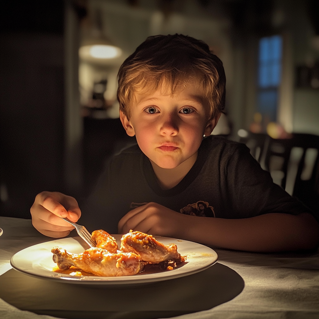 A little boy sitting at a table | Source: Midjourney