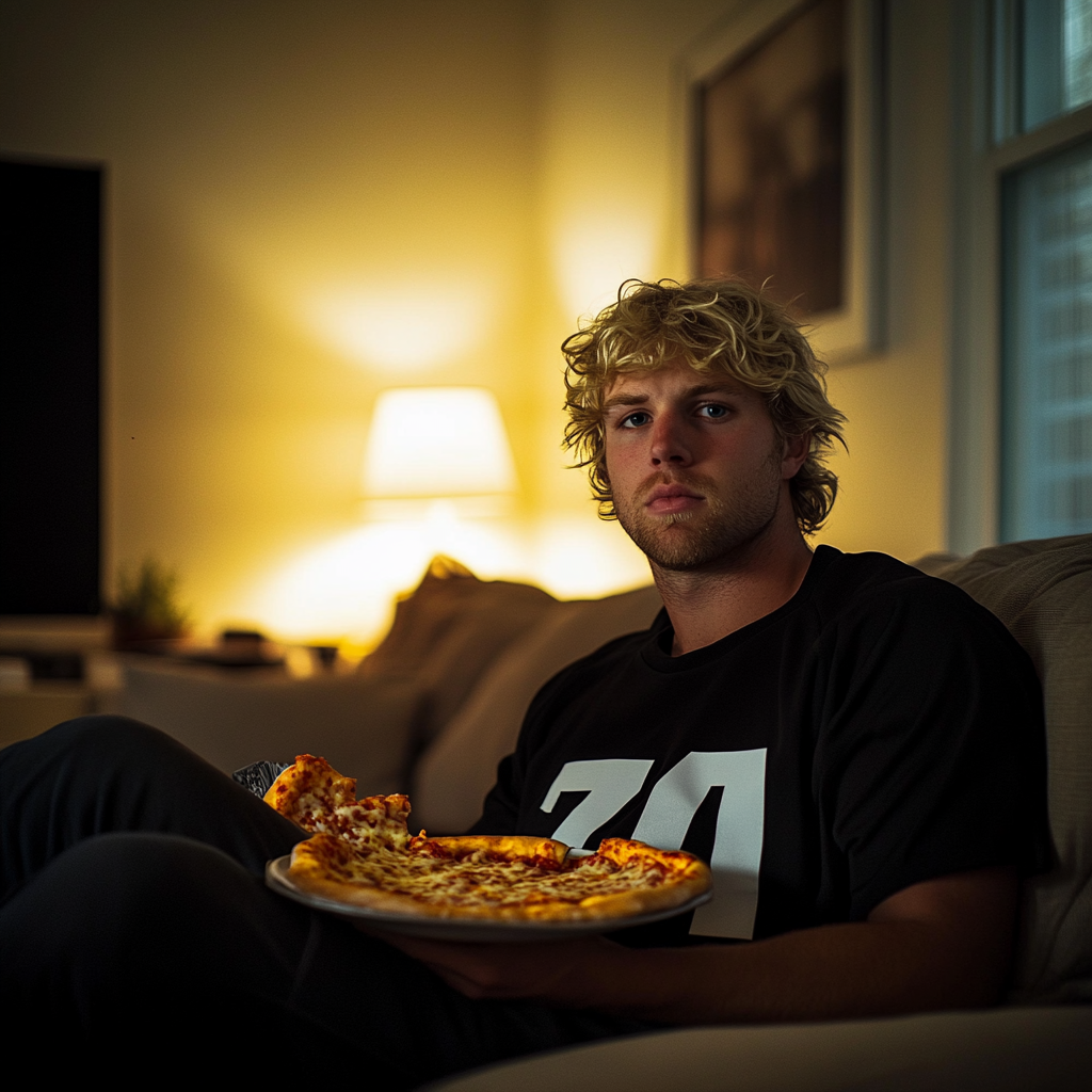 A man holding a plate of pizza | Source: Midjourney
