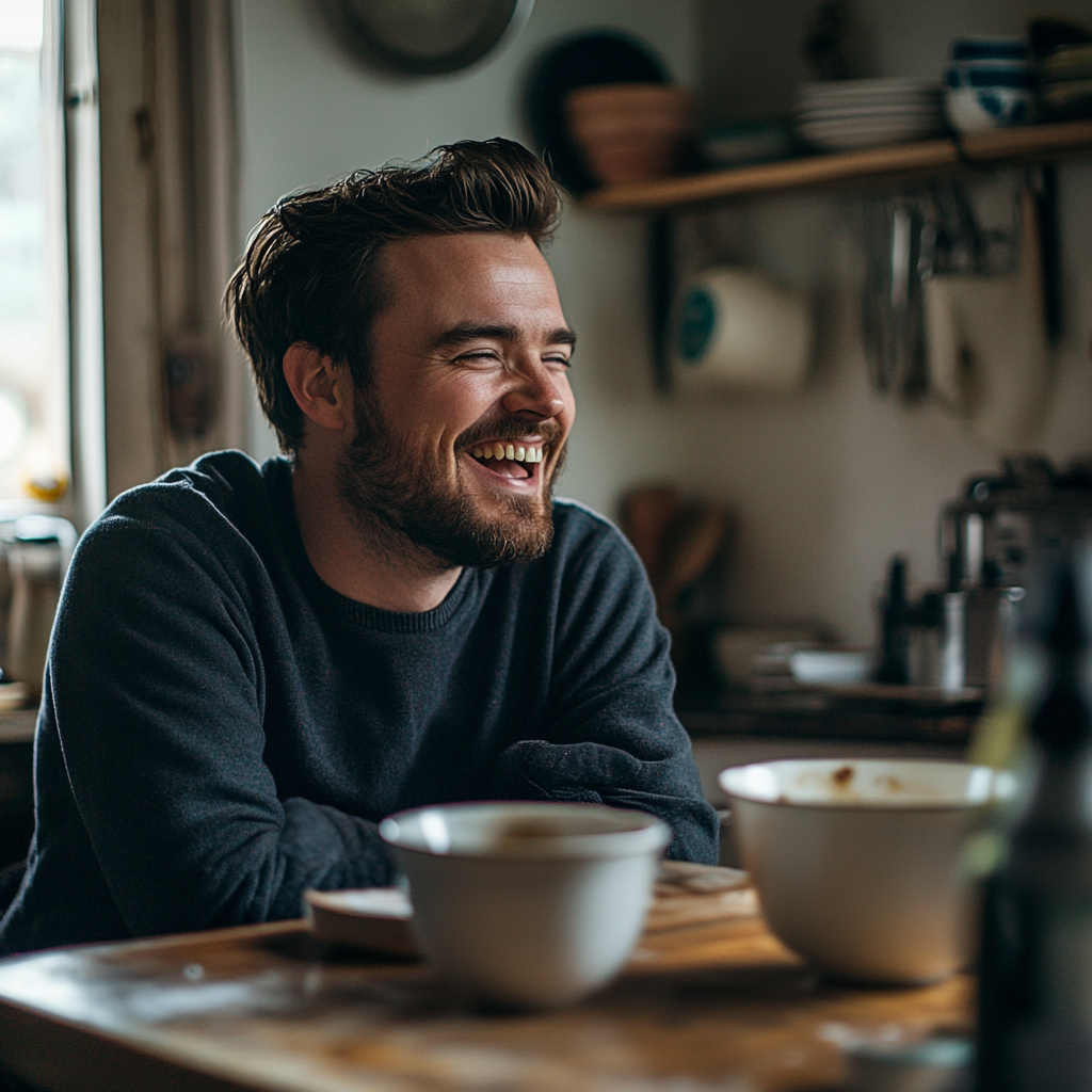 A man laughing in the kitchen | Source: Midjourney