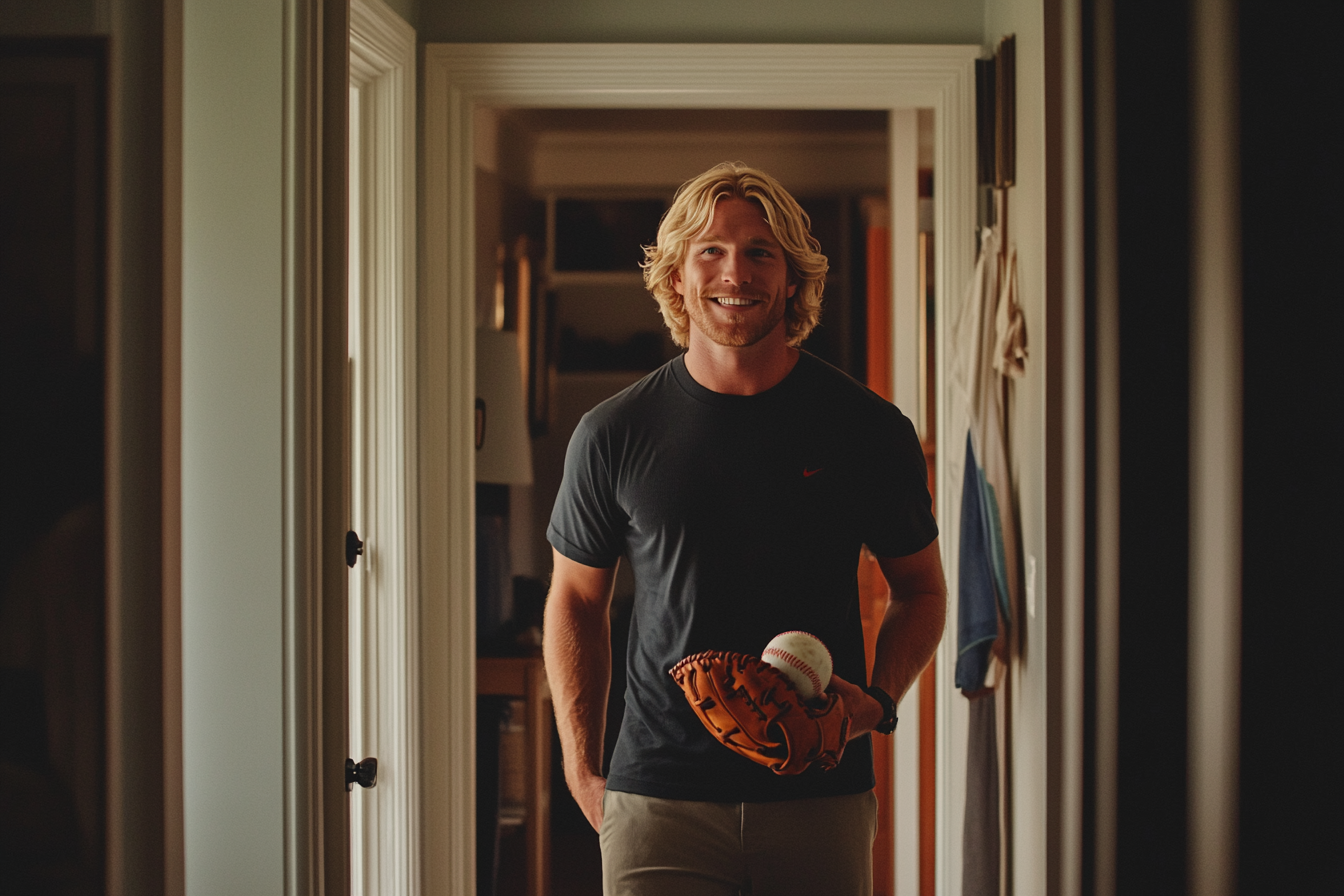 A blonde man holding a baseball mitt smiling in the hallway of a home | Source: Midjourney