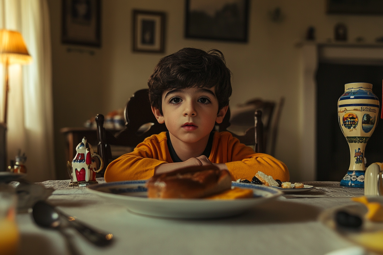 A kid at a dining table | Source: Midjourney