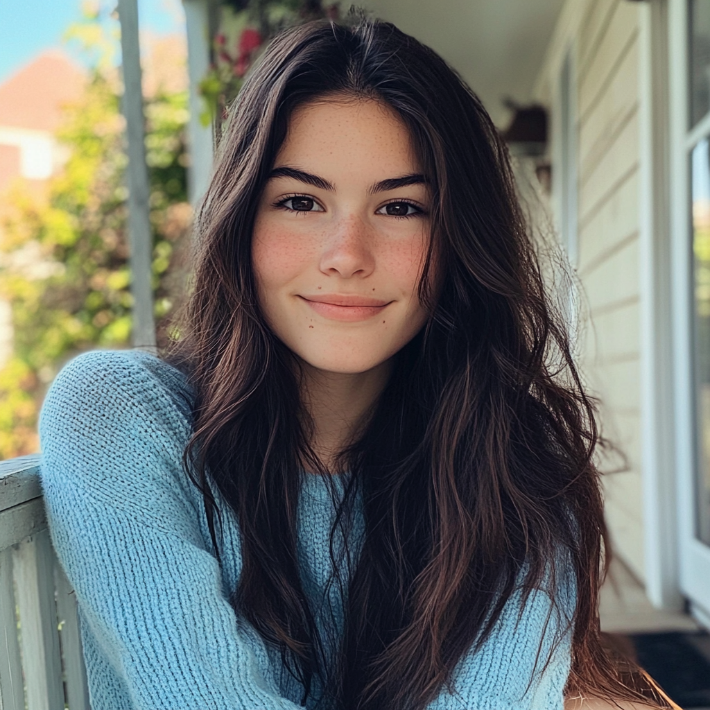 A smiling young woman sitting on a porch | Source: Midjourney