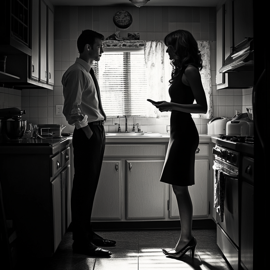 Couple having a conversation in the kitchen | Source: Midjourney