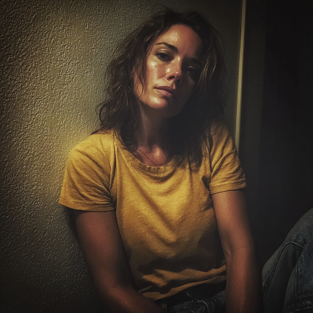 An exhausted and emotional woman leaning against a wall | Source: Midjourney