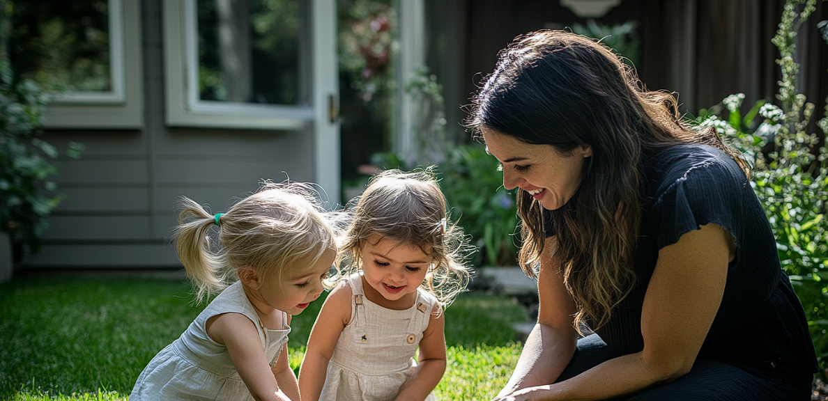 A woman playing with her twin daughters | Source: Midjourney