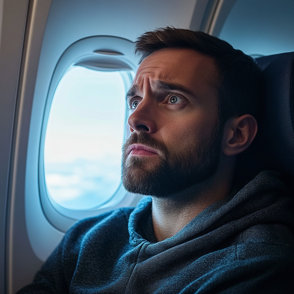 A tense man on a plane | Source: Midjourney