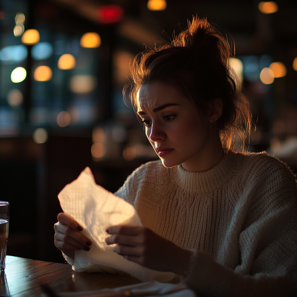 A woman looking at a napkin | Source: Midjourney