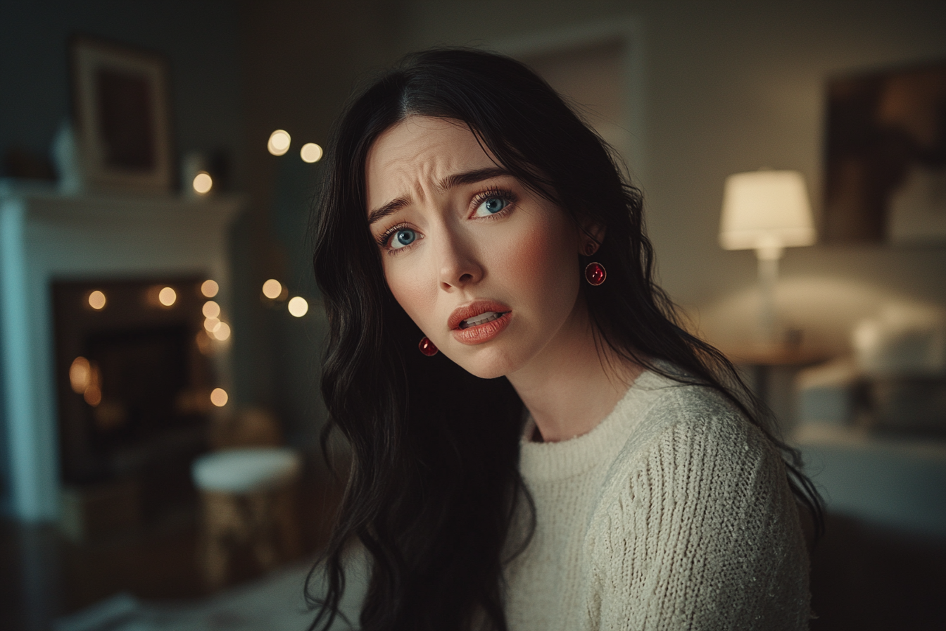 Confused, upset, and sad woman in her 20s standing in living room | Source: Midjourney