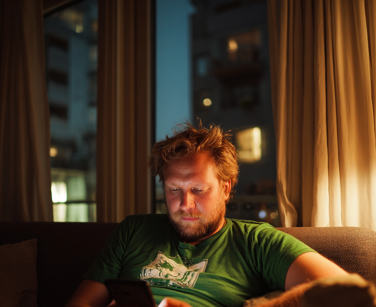 A man sitting on a couch and using a cellphone | Source: Midjourney