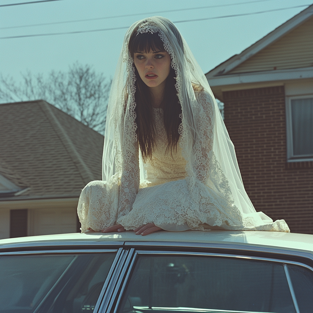 A confused woman in a wedding dress on top of a car | Source: Midjourney