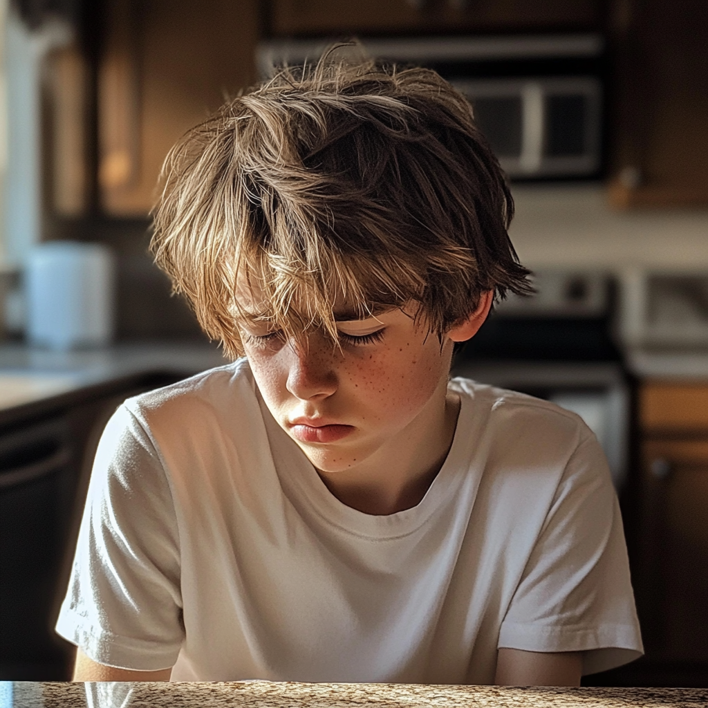A teenage boy sitting at a counter with closed eyes | Source: Midjourney