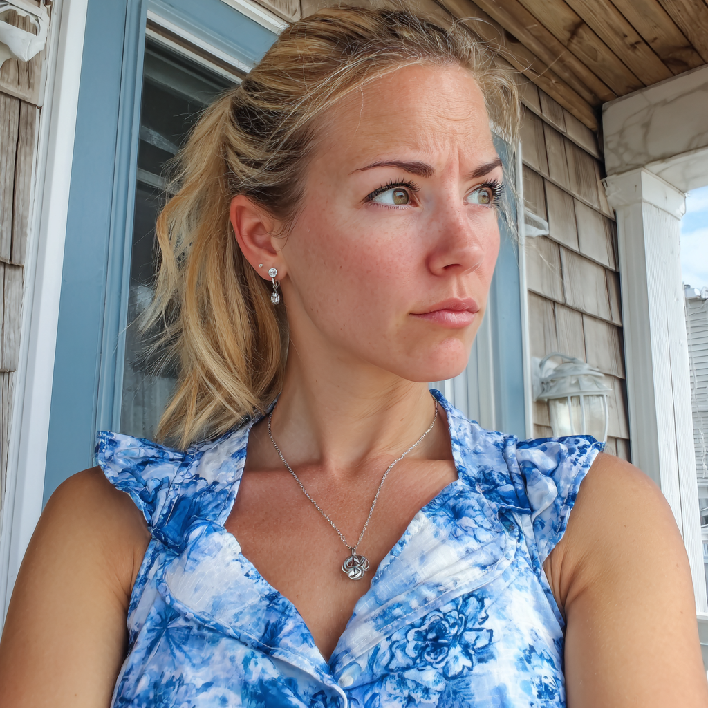 A woman standing on a porch in a summer dress | Source: Midjourney