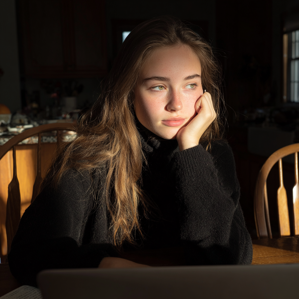 A teenage girl daydreaming at a dining table | Source: Midjourney