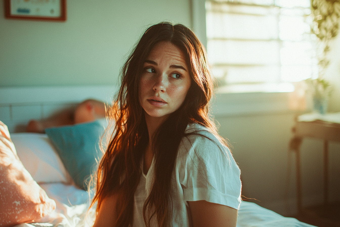 Tired woman sitting on a bed in a bedroom | Source: Midjourney