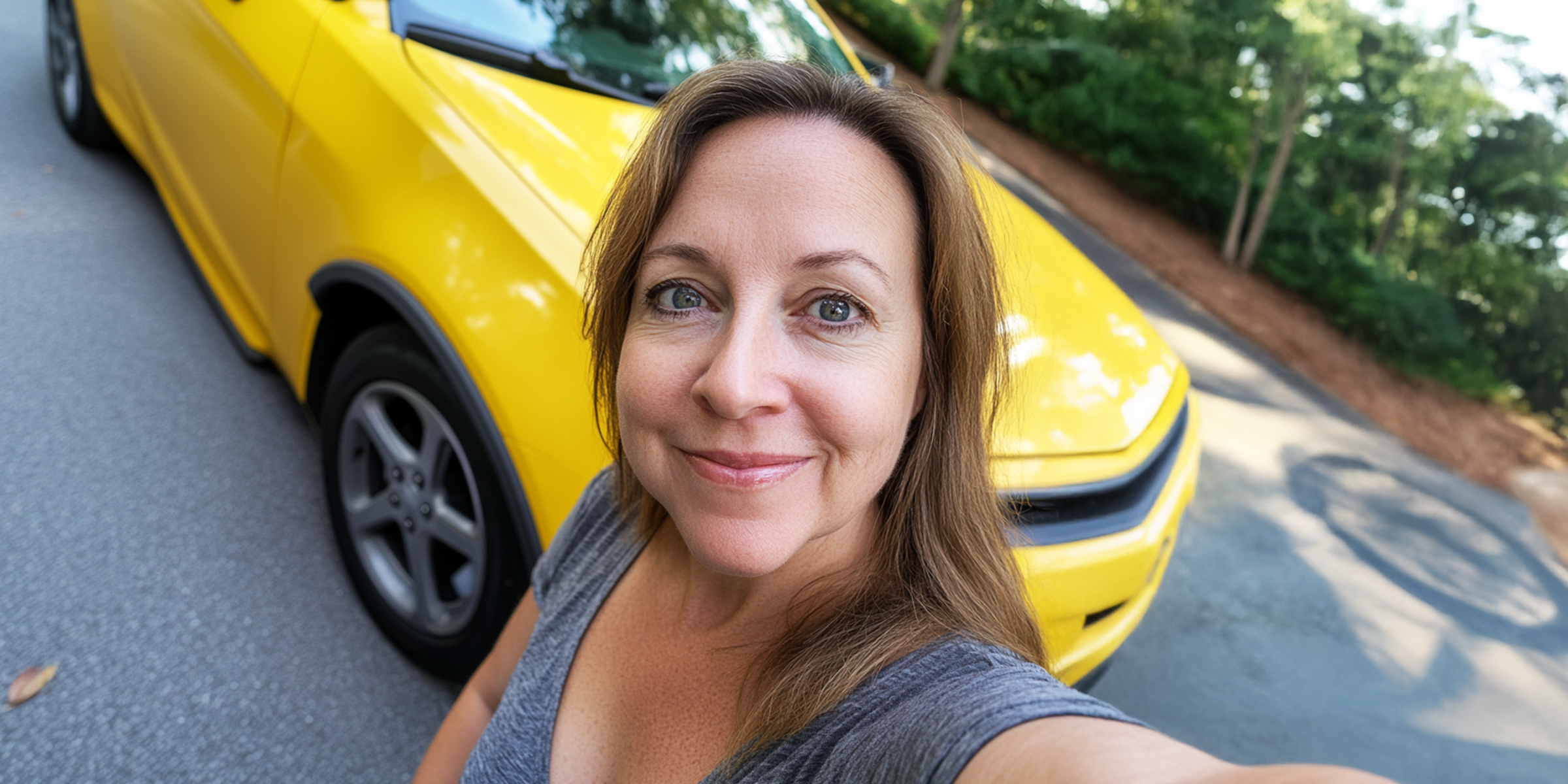 Woman taking a selfie with a yellow car in the background | Source: Amomama