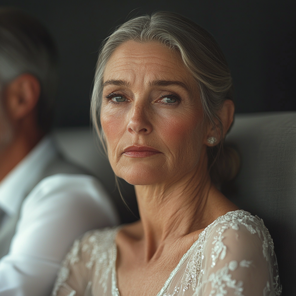 A woman sitting with her husband at her son's wedding | Source: Midjourney