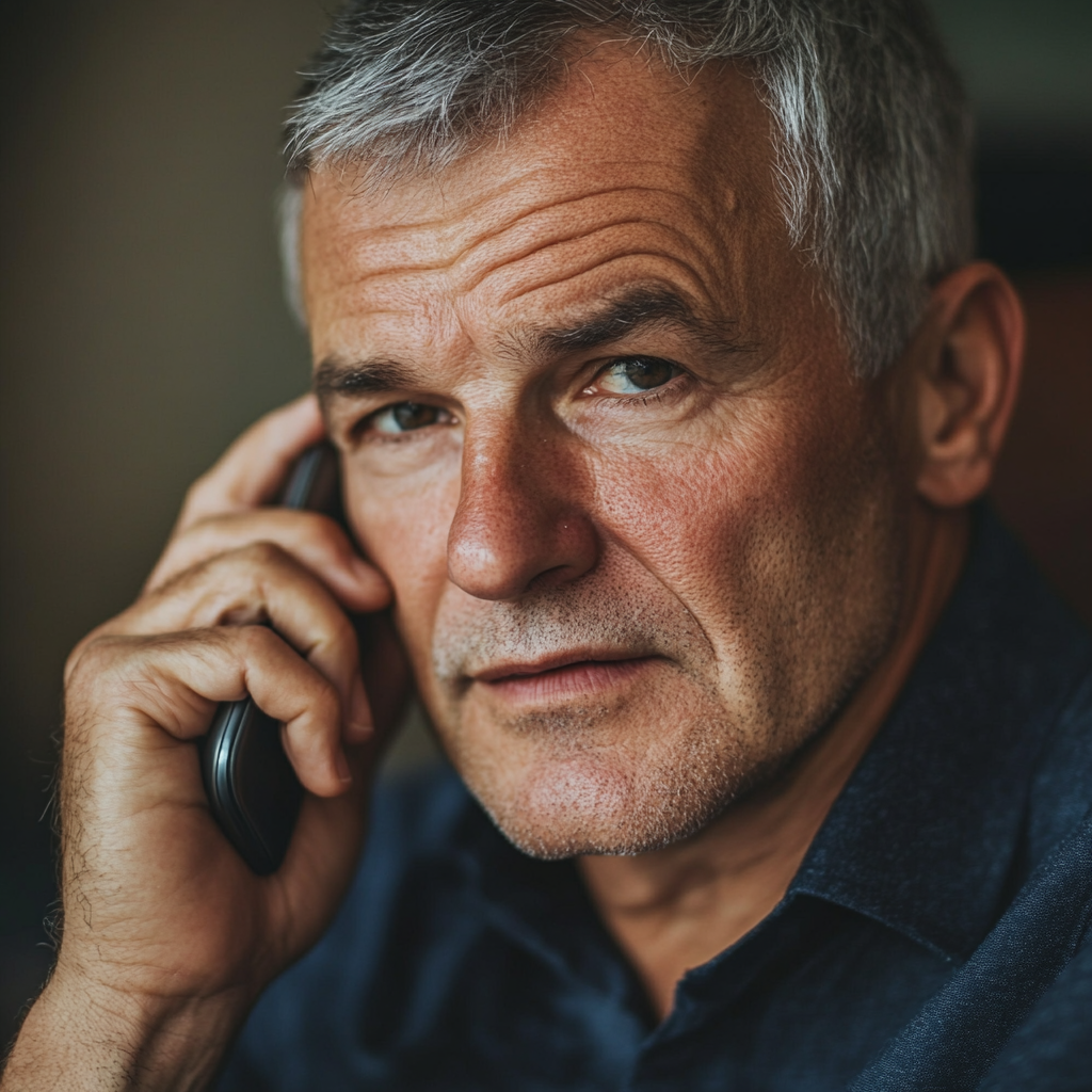 A man with a slightly serious expression talking on the phone | Source: Midjourney