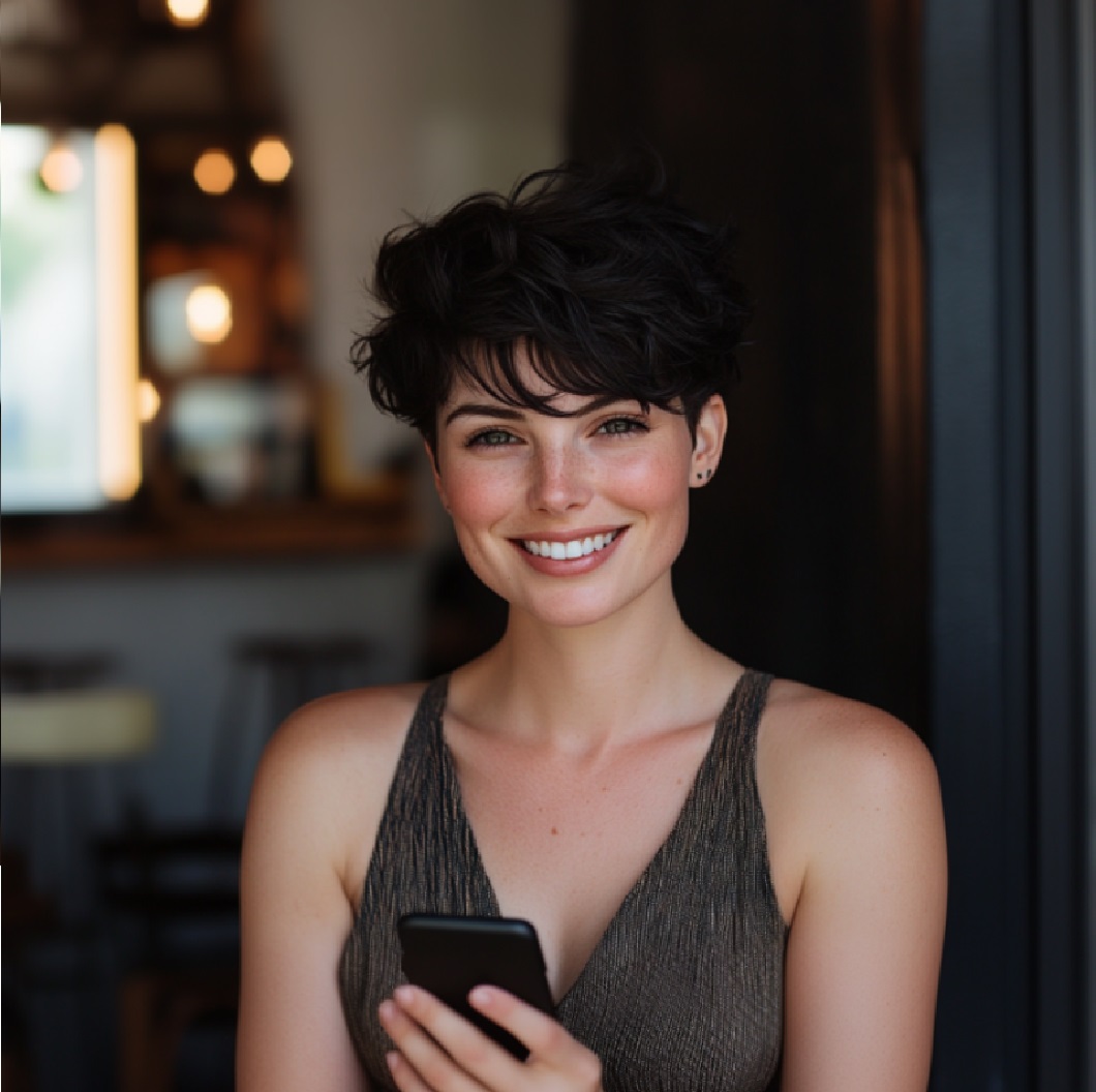 A woman smiling as she holds her phone | Source: Midjourney