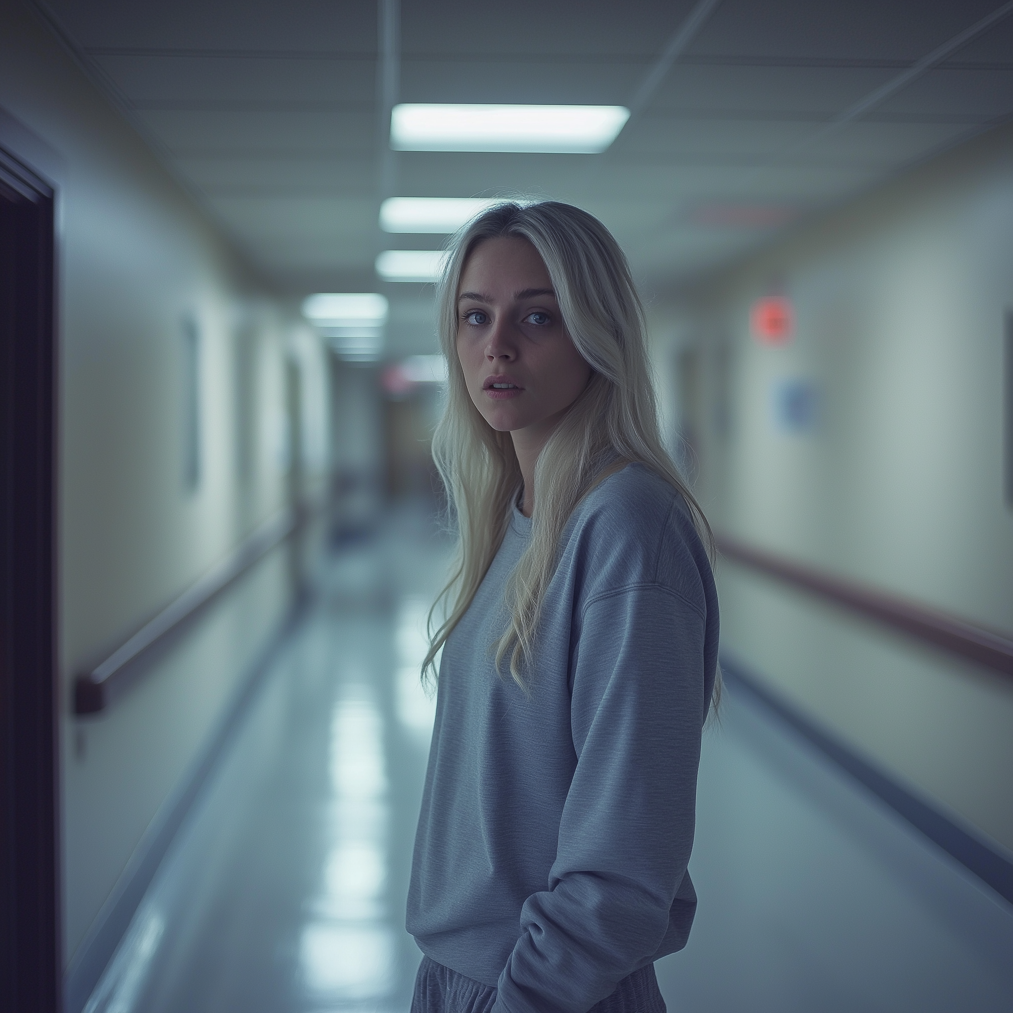 A worried blonde-haired woman standing in a hospital corridor | Source: Midjourney