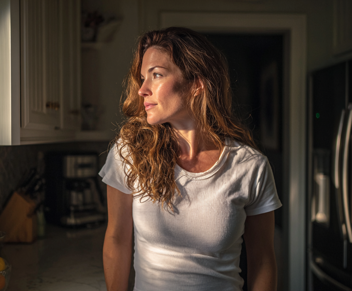 A woman looking out of a kitchen window | Source: Midjourney