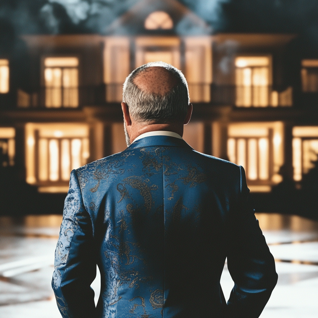 A man standing outside a huge mansion | Source: Midjourney