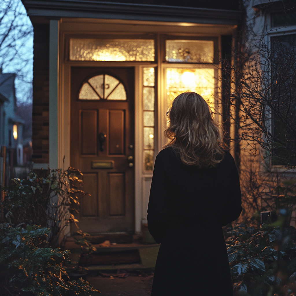 An upset woman at the front door of a house | Source: Midjourney