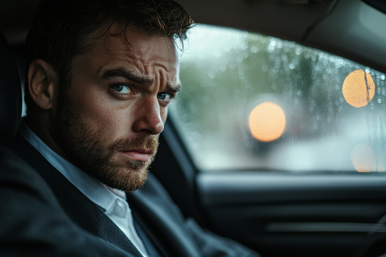 A concerned man driving his car in rainy weather | Source: Midjourney