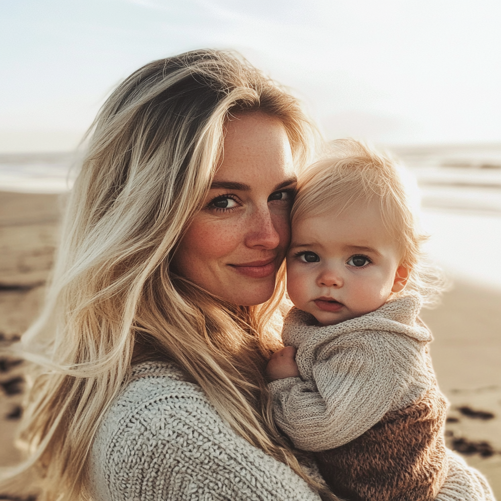 A woman holding a baby at the beach | Source: Midjourney