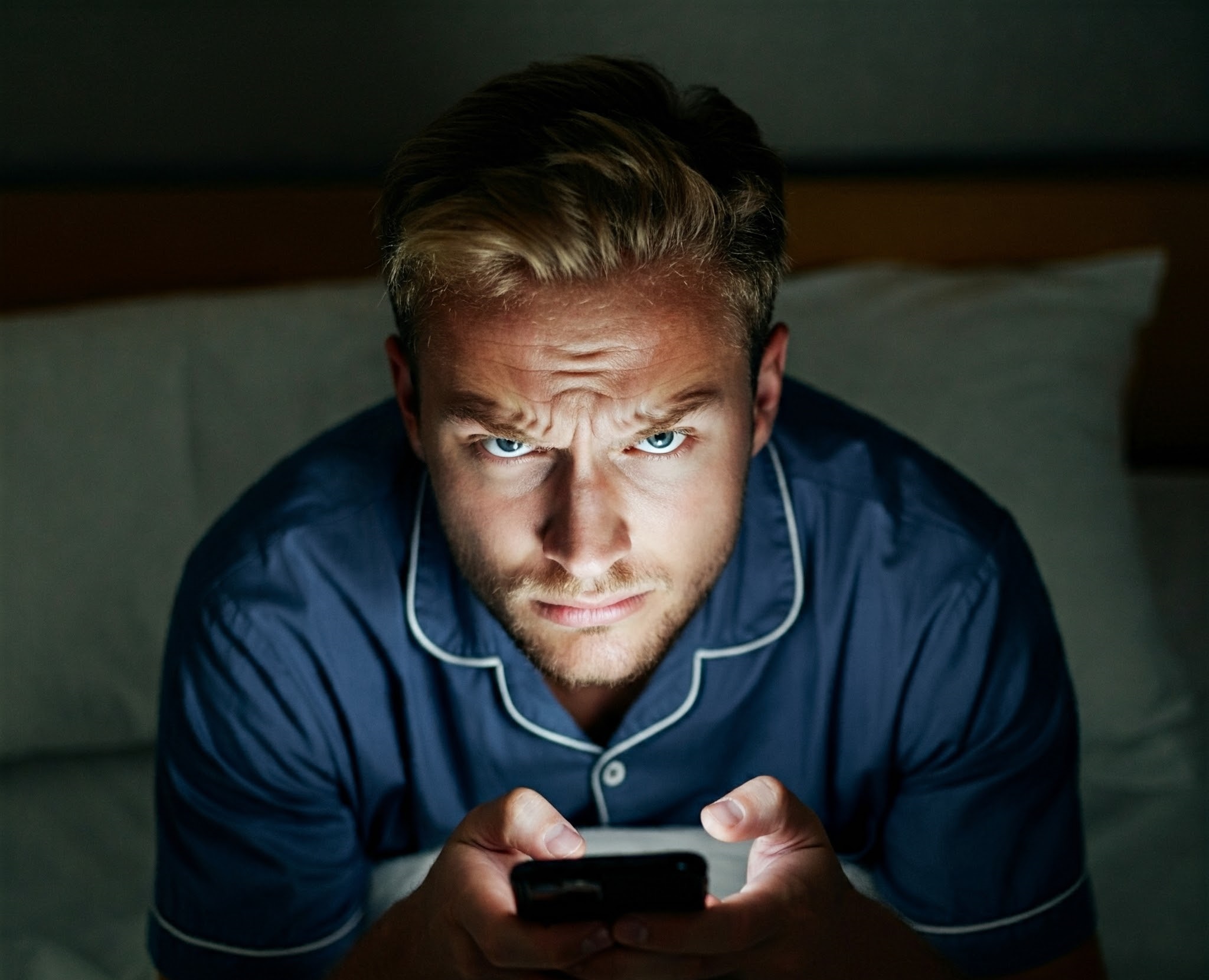 A man frowning while holding his phone in bed | Source: Gemini